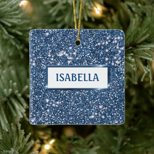 Faux Blue Glitter-textuur met aangepaste naam Keramisch Ornament (Boom)