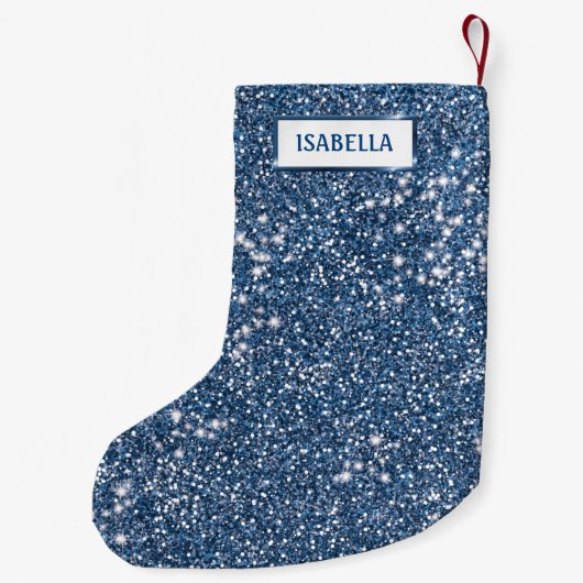 Faux Blue Glitter-textuur met aangepaste naam Kleine Kerstsok (Achterkant)