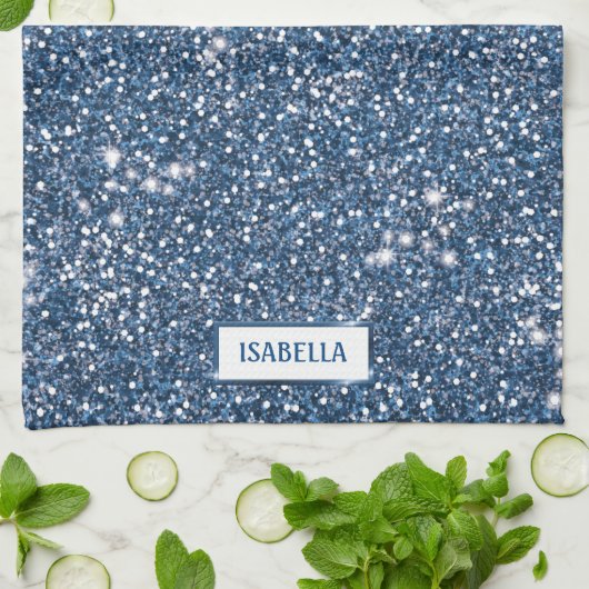 Faux Blue Glitter-textuur met aangepaste naam Theedoek (Gevouwen)