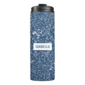 Faux Blue Glitter-textuur met aangepaste naam Thermosbeker (Voorkant)