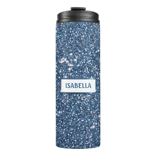 Faux Blue Glitter-textuur met aangepaste naam Thermosbeker (Voorkant)