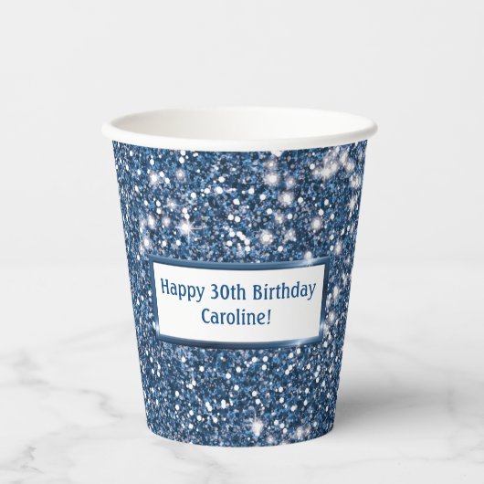 Faux Blue Glitter-textuur met aangepaste tekst Papieren Bekers (Voorkant)