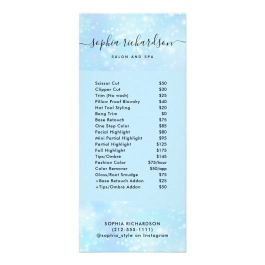 Faux Blue Iridescent | Salon Price List Services Reclamekaart (Voorkant)