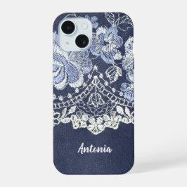 Faux Blue Velvet en Simulate Lace Embroidery iPhone 15 Case