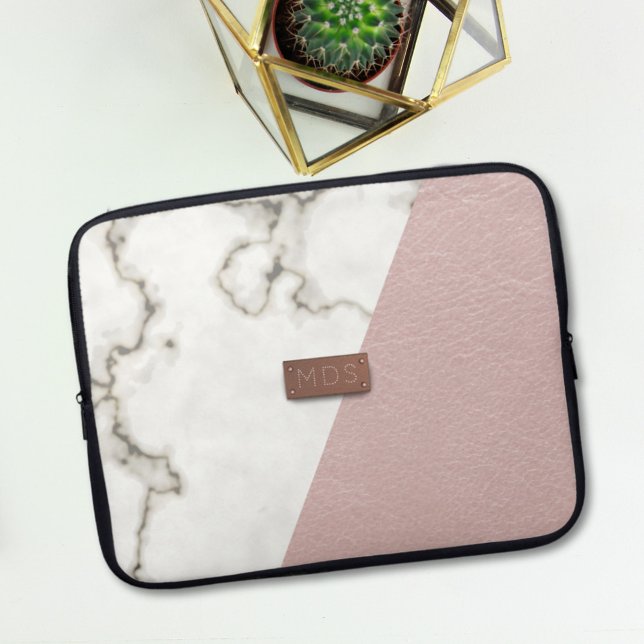 Faux Blush Pink Leather Marble Modern Monogram Laptop Sleeve (Add your initials to this cute pink and white modern laptop sleeve)