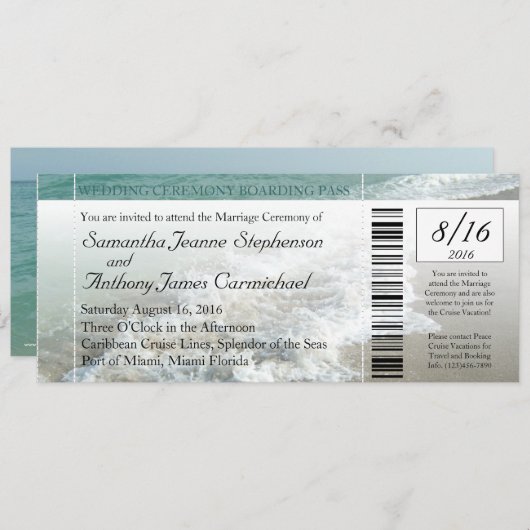Faux Boarding Pass Beach Wedding Ticket uitnodigin Kaart (Voorkant / Achterkant)