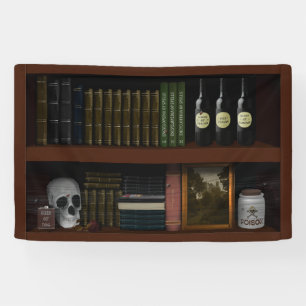 Faux boekenplank spookhuis Heks Den Halloween Spandoek