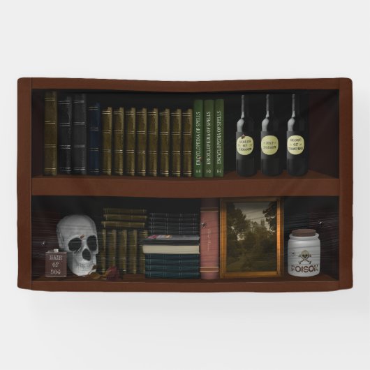 Faux boekenplank spookhuis Heks Den Halloween Spandoek (Horizontaal)