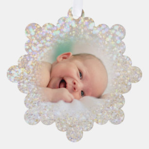 faux bokeh glitter baby foto ornament kaart