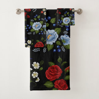 Faux borduurende rode en blauwe bloemen bad handdoek