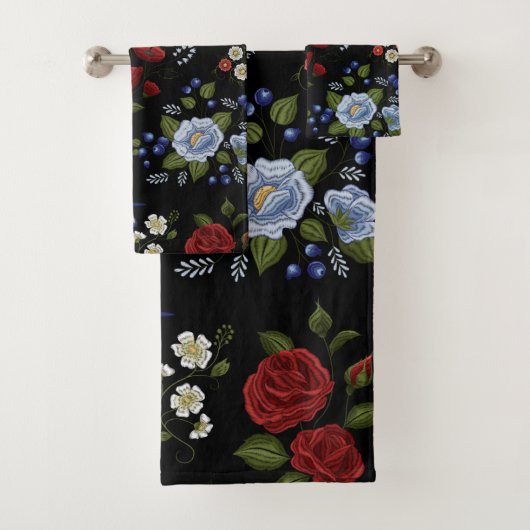 Faux borduurende rode en blauwe bloemen bad handdoek (Insitu)