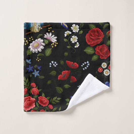 Faux borduurende rode en blauwe bloemen bad handdoek (Wasdoekje)