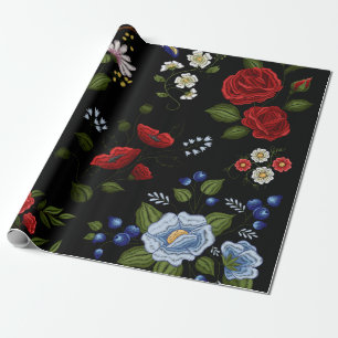 Faux borduurende rode en blauwe bloemen cadeaupapier