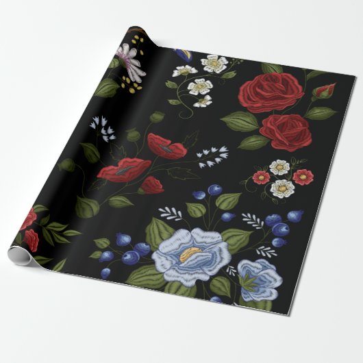 Faux borduurende rode en blauwe bloemen cadeaupapier (Uitgerold)