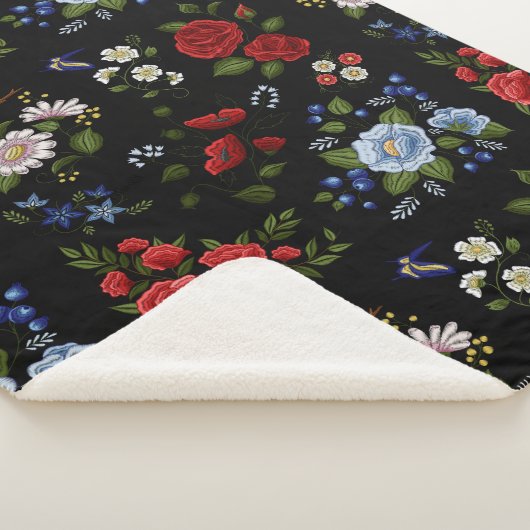 Faux borduurende rode en blauwe bloemen sherpa deken (3/4)