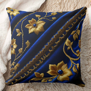  faux Borduurwerk Blauw Gouden Bloemen Kussen