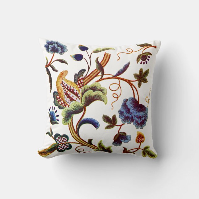 Faux Borduurwerk - Blauw Jacobean Crewel Borduurwe Kussen (Voorkant)