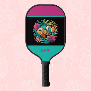 Faux Borduurwerk Tropische vis Blauw Roze Monogram Pickleball Paddle