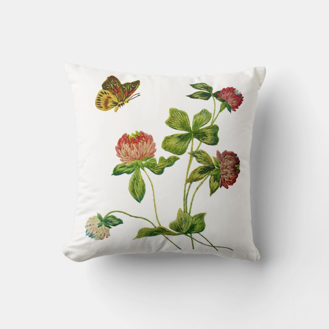 Faux Borduurwerk - Vlinder en Roze Klaver Kussen (Voorkant)