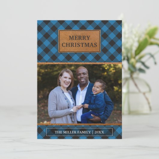 Faux Brown Blauwe Buffalo met kerstmis Feestdagenkaart (Staand voorkant)