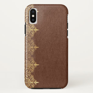 Faux Brown  Leather Gold Floral Border Case-Mate iPhone Case