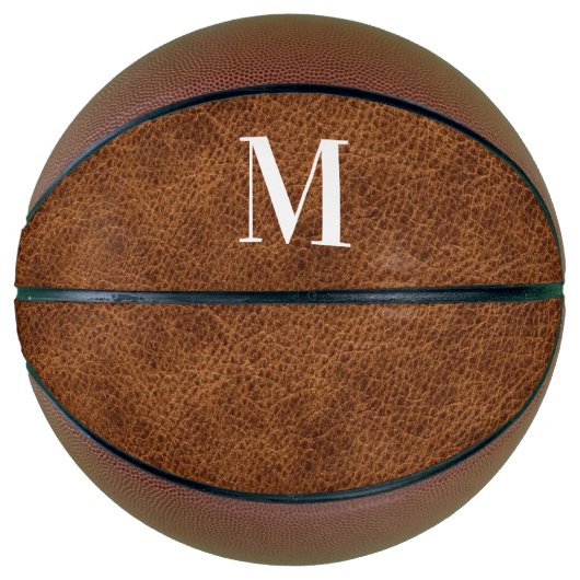 Faux Brown Leather Modern Monogram Basketbal (Voorkant)