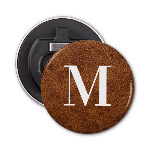 Faux Brown Leather Modern Monogram Button Flesopener (Voorkant)