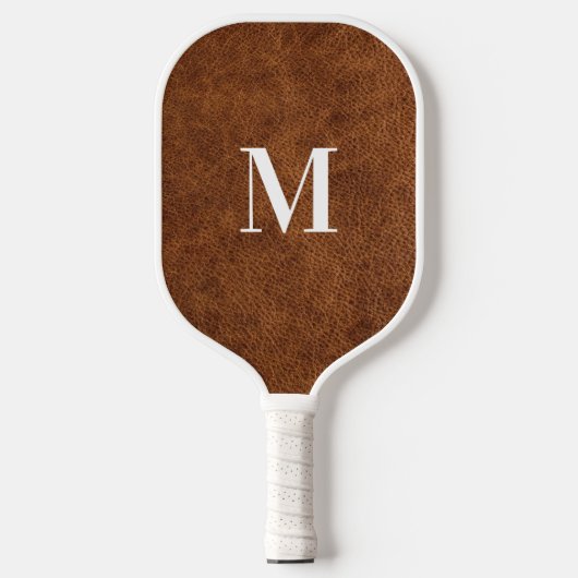 Faux Brown Leather Modern Monogram Pickleball Paddle (Voorkant)