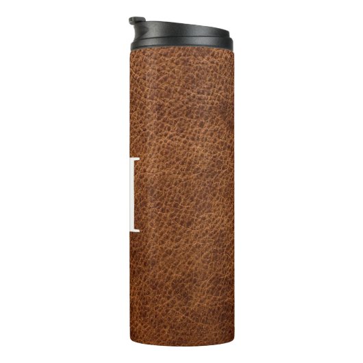 Faux Brown Leather Modern Monogram Thermosbeker (Geroteerd rechts)