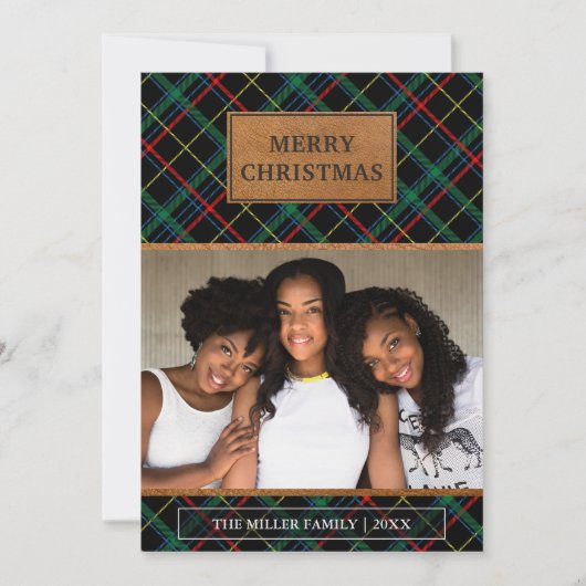 Faux Brown Leather Red en Green Tartan Kerstmis Feestdagenkaart (Voorkant)