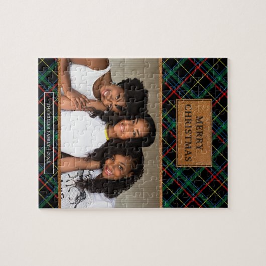 Faux Brown Leather Red en Green Tartan Kerstmis Legpuzzel (Horizontaal)