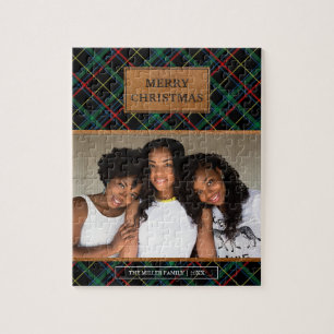 Faux Brown Leather Red en Green Tartan Kerstmis Legpuzzel