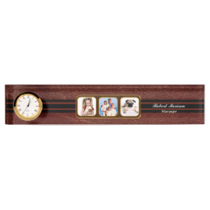 Faux Brown Leather Triple Foto naamplaat Naambordje