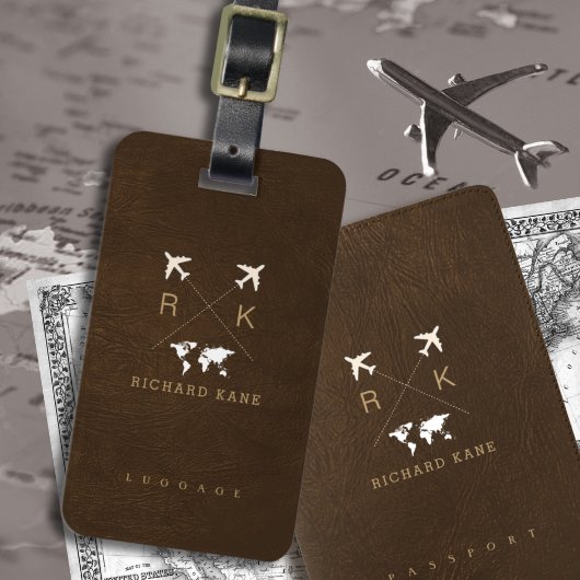 Faux bruin leer Elegant Classy Traveller Naam Bagagelabel