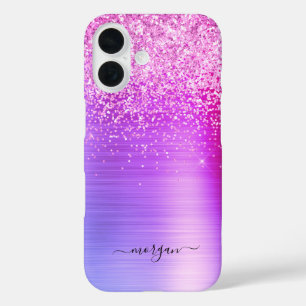 Faux Brushed Paarse Metal, Glitter, Script Name iPhone 16 Hoesje