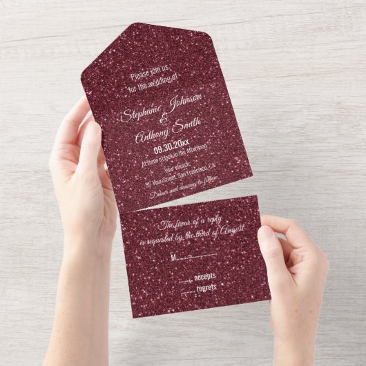Faux Burgundy Glitter Wedding All In One Uitnodiging (Afscheurbaar)