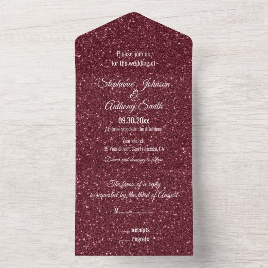 Faux Burgundy Glitter Wedding All In One Uitnodiging (Binnen)