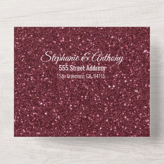 Faux Burgundy Glitter Wedding All In One Uitnodiging (Achterkant)