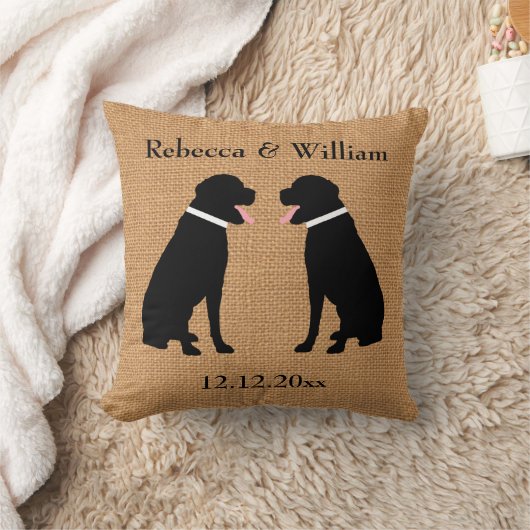 Faux Burlap 2 Black Labradors Personalized Weddens Kussen (Deken)