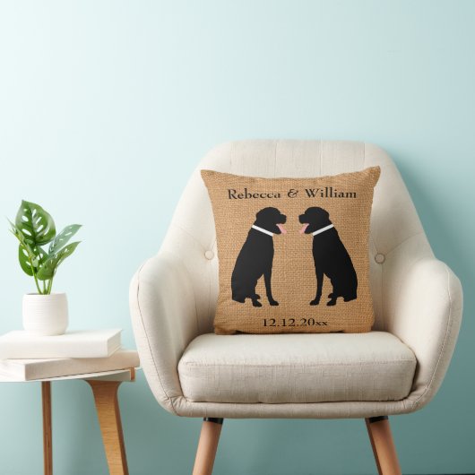Faux Burlap 2 Black Labradors Personalized Weddens Kussen (Stoel)