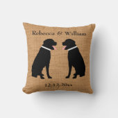 Faux Burlap 2 Black Labradors Personalized Weddens Kussen (Voorkant)