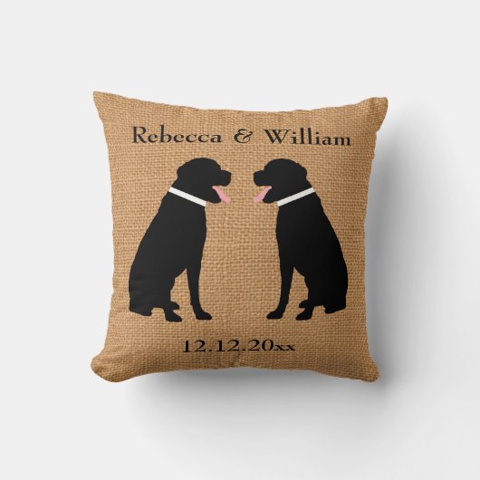 Faux Burlap 2 Black Labradors Personalized Weddens Kussen (Voorkant)