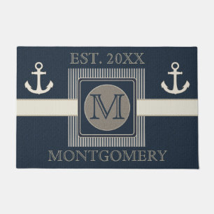 Faux Burlap Effect Nautical Ship's Anchor Monogram Deurmat