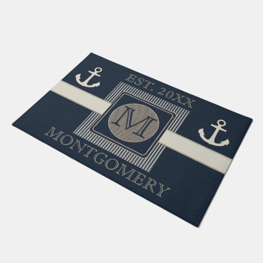 Faux Burlap Effect Nautisch Schip's Anker Monogram Deurmat (Schuin)