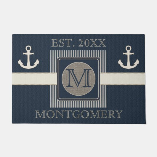 Faux Burlap Effect Nautisch Schip's Anker Monogram Deurmat (Voorkant)