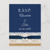 FAUX burlap en kant, marineblauw lint RSVP Uitnodiging Briefkaart (Voorkant)