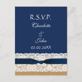 FAUX burlap en kant, marineblauw lint RSVP Uitnodiging Briefkaart