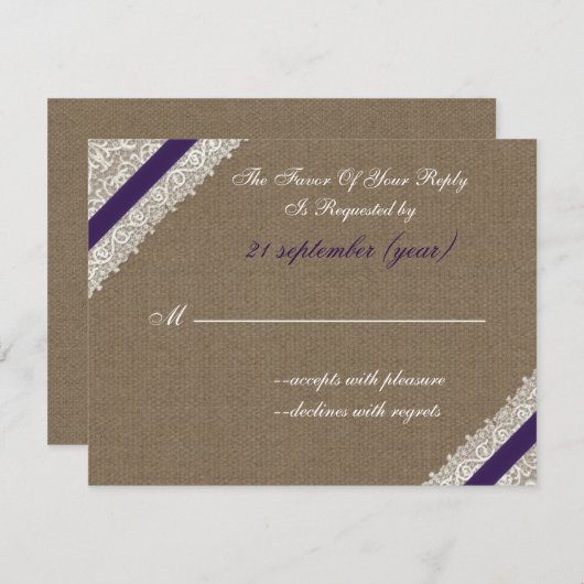 FAUX burlap en kant met paarse rsvp (Voorkant / Achterkant)