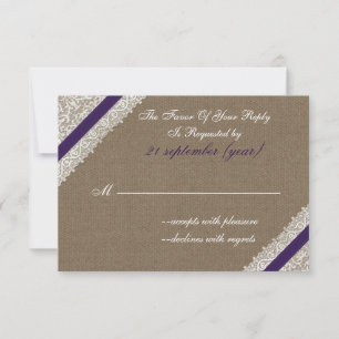 FAUX burlap en kant met paarse rsvp 3,5 x 5 Kaartje