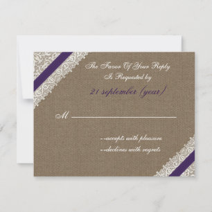 FAUX burlap en kant met paarse rsvp Kaartje